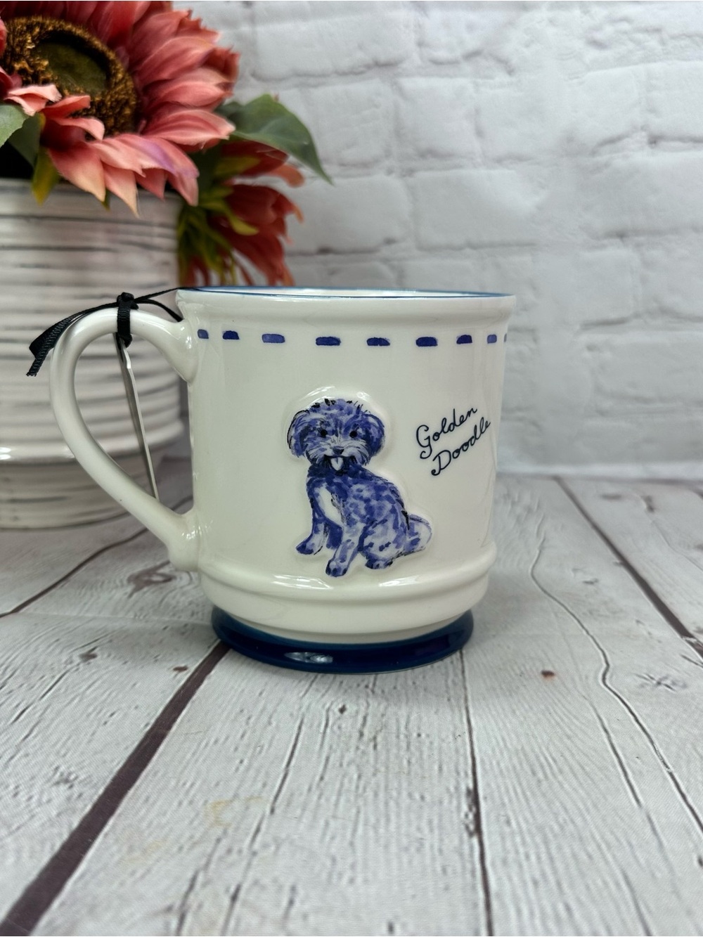 NWT dwell studio golden doodle Mug Blue White traditional cottage minimalist
